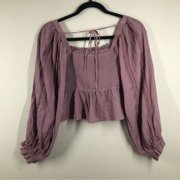 American Eagle Smocked Long Sleeve Purple Top Lace Boho Peasant Ruffle Medium - Picture 4 of 5